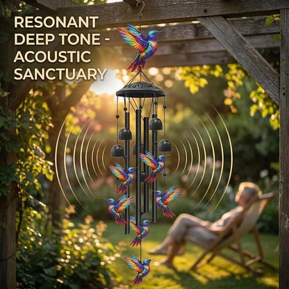 36" Rainbow Hummingbird Wind Chimes for Outside, Memorial Sister Gifts | Rainbow-gradient birds, black aluminum tubes, bells & S-hook. A soothing rustic deep tone decor for spring courtyards