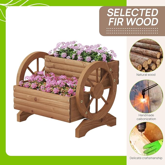 Wooden Wagon Planter Outdoor Flower Cart with Wheels Garden Planter, Decor Planter for Patio Decoration Succulent Flower Pot for Indoor Backyard Yard Decor Porch Balcony Planters (Brown, Medium)