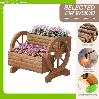 Wooden Wagon Planter Outdoor Flower Cart with Wheels Garden Planter, Decor Planter for Patio Decoration Succulent Flower Pot for Indoor Backyard Yard Decor Porch Balcony Planters (Brown, Medium)
