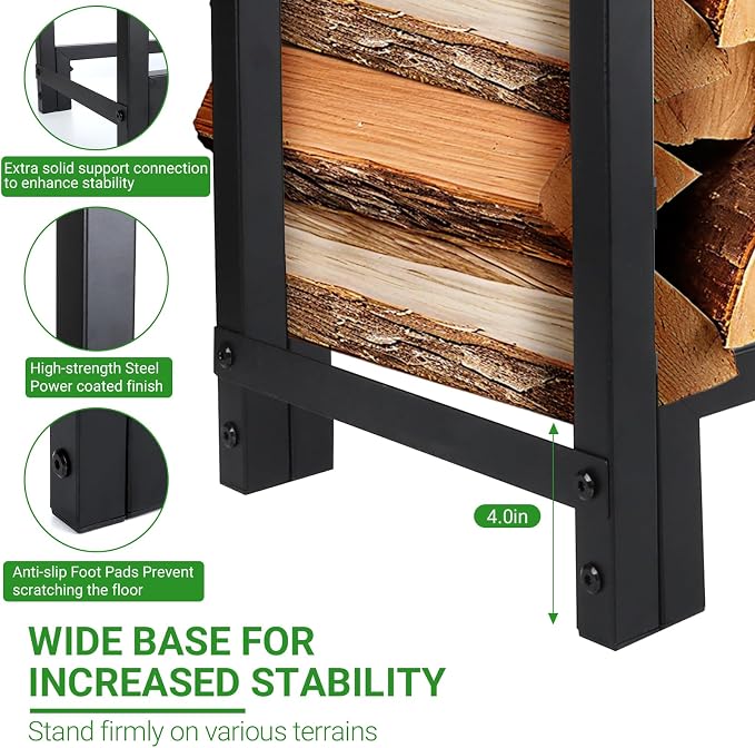 4FT Firewood Rack Outdoor, Holds 1543 LBS with 8 Sturdy Legs, Adjustable 2.6FT Elevated Log Holder Keeps Wood Dry, Black