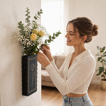 2 Pack Wooden Wall Planter Vase, Scalloped Farmhouse Wall Decor with Floral Line Art, Rustic Hanging Pockets for Faux Flowers, Living Room, Bathroom, Entryway(Black)