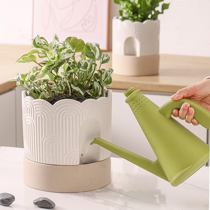 Nihow Ceramic Self Watering Pots for Indoor Plants, 8 Inch,Beige | Visible Water Level Fill Port,Planter with Cotton Wick,Water Storage Plus, Cylinder Round Flower Pot, Succulent/Herbs/Violets