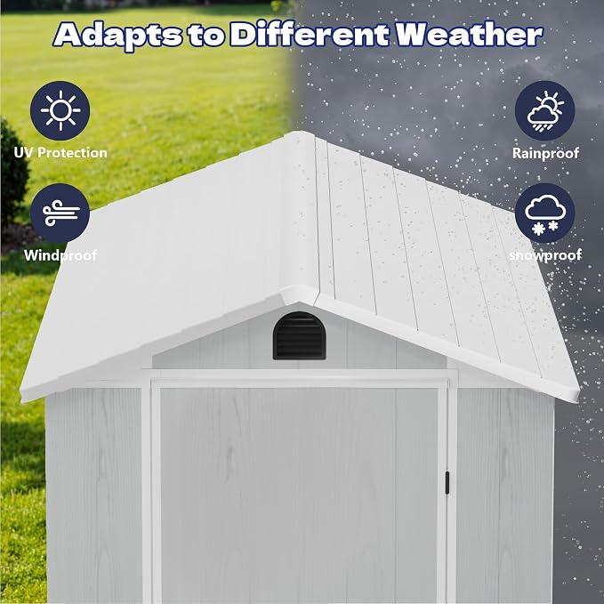 Greesum 4x8FT Plastic Storage Shed with Floor, Resin Outdoor Storaged Sheds with Lockable Door, All Weather Tool Shed with Window and Vent, Easy Assembly for Yard, Patio, Garden, Light Gray