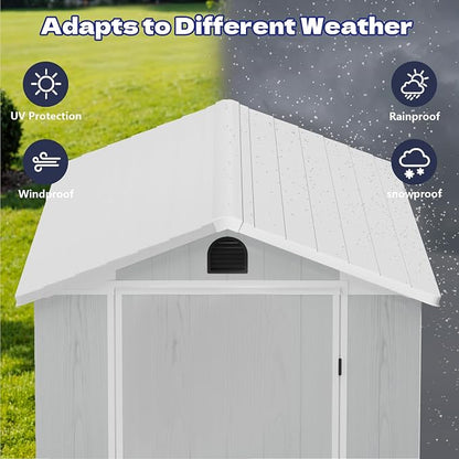 Greesum 4x8FT Plastic Storage Shed with Floor, Resin Outdoor Storaged Sheds with Lockable Door, All Weather Tool Shed with Window and Vent, Easy Assembly for Yard, Patio, Garden, Light Gray