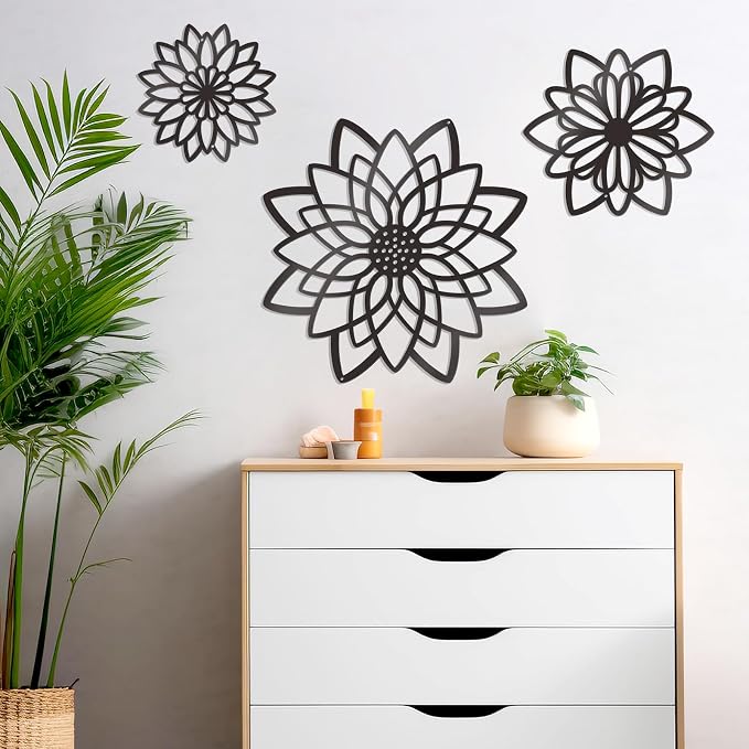 Zzbakress 3 Pcs Metal Flowers Wall Decor Black Wall Decor Metal Flower Art Farmhouse Wall Art Multiple Flowers Hanging Decor for Bathroom Living Room Kitchen Garden Office (Black Concise)