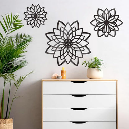 Zzbakress 3 Pcs Metal Flowers Wall Decor Black Wall Decor Metal Flower Art Farmhouse Wall Art Multiple Flowers Hanging Decor for Bathroom Living Room Kitchen Garden Office (Black Concise)