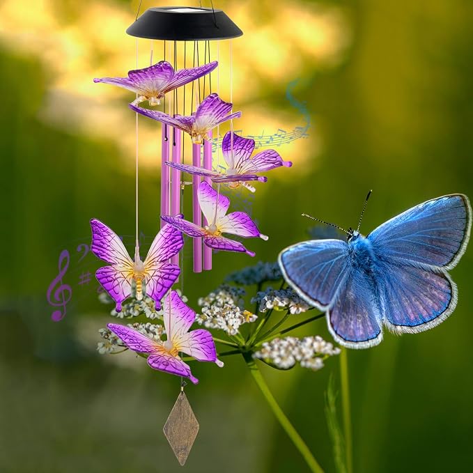 Purple Butterfly Wind Chimes Outdoor, Butterfly Garden,Glow in The Dark Garden Decor with Iron Metal Pendant Patio Hanging Ornaments for Yard Tree Outside, Unique Nature Gifts for Women Mom