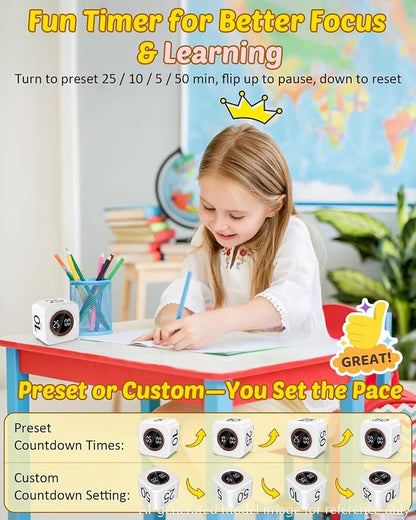 Digital Pomodoro Timer Cube 5/10/25/50min, Visual Productivity Flip Timer for Kids Classroom Desk, Custom Countdown, Silent and Sound Mode for ADHD Study Work Game Kitchen (White)