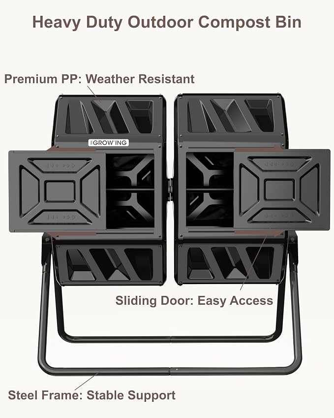THE Growing 53 Gallon Large Outdoor Compost Bin Tumbler Barrel, Black | Dual 26.5gal heat-absorbing chambers for bulk waste. Reinforced frame adds stability. Easy outdoor bolt frame assembly.