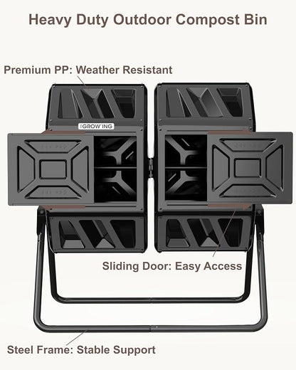 THE Growing 53 Gallon Large Outdoor Compost Bin Tumbler Barrel, Black | Dual 26.5gal heat-absorbing chambers for bulk waste. Reinforced frame adds stability. Easy outdoor bolt frame assembly.