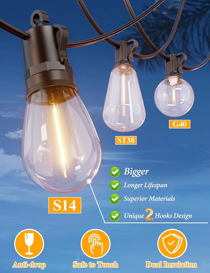 Brightever 25FT Outdoor String Lights Waterproof, LED Patio Lights with 8+1 Shatterproof S14 Edison Bulbs, String Lights for Outside Dimmable, Connectable Hanging Lights for Balcony, Yard, Gazebo