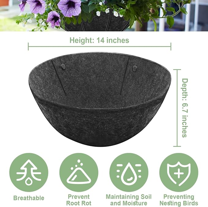 Riare 4 Pack 14 Inch Round Fabric Planter Basket Liner- Hanging Basket Liners Replacement Coco Fiber Liner Alternative for Hanging Basket Flowers (Prevent Birds from Nesting)