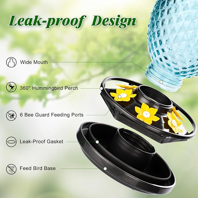 Fchstaer Glass Hummingbird Feeders for Outdoors Hanging 16oz 2 Pack Blue Pineapple Bee & Ant Proof 360°Perch Leakproof Easy Clean with 6 Feeding Ports Gifts for Mom