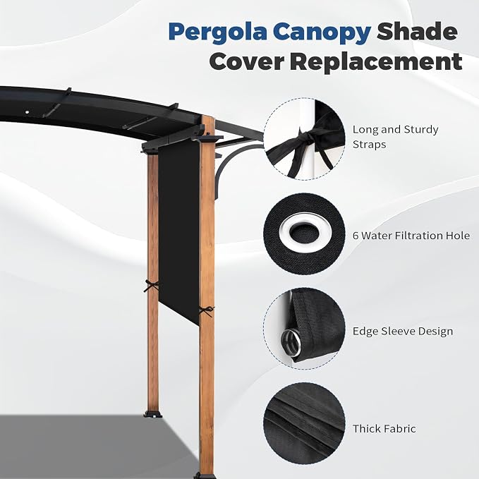 17' x 6.8' Waterproof Pergola Canopy Replacement Cover, Black | Waterproof polyester canopy with built-in drainage holes and adjustable tie straps for a secure fit in rain and wind.