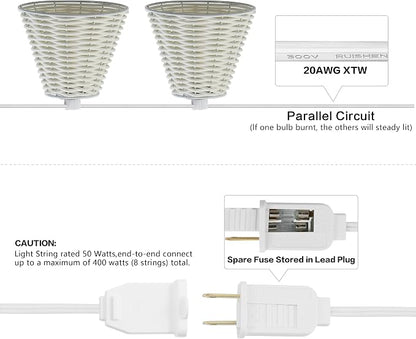 JONATHAN Y 10' White 10-Light Indoor/Outdoor LED String Lights for Patio, Classic Cottage Faux-Rattan Shaded Hanging Lights for Balcony, Deck, Coastal Decor (JYL8706B)
