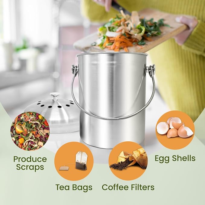 Reli. 1.3 Gallon Stainless Steel Compost Bin for Kitchen | Indoor Composting Bin with Charcoal Filters | Odorless Food Waste Countertop Bucket