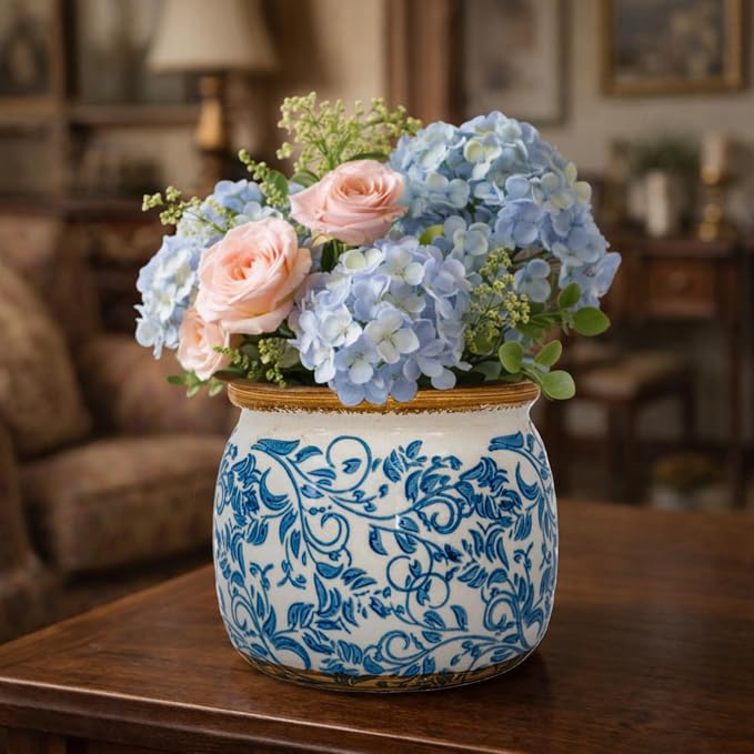 Vintage Ceramic Flower Pot - Indoor Outdoor Planters with Drainage Holes & Filter Screen, 6.5’’ Small Rustic Farmhouse Decorative Plant Pots for Garden/Patio/Balcony (Blue Vines, Small)