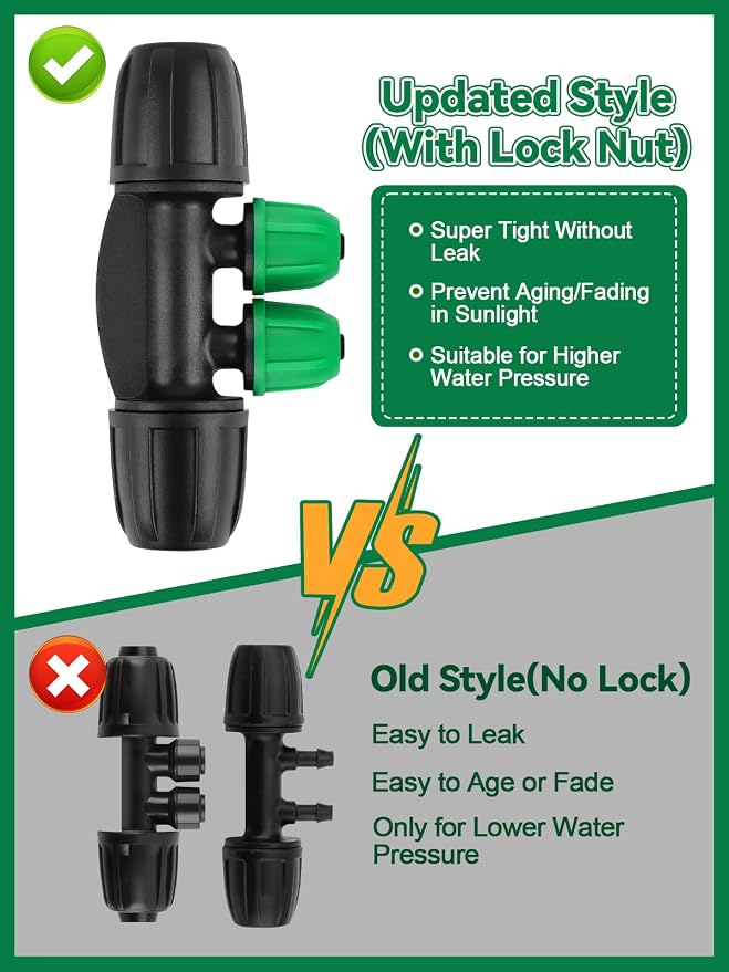 Kalolary 20PCS Locked Barbed Tee Connectors, 5/16" to 1/4" Drip Irrigation Fittings Kit 8/12mm to 4/7mm Tube Lock Female Connector 4-Way Barbed Lock Irrigation Parts for Watering System (Black Green)