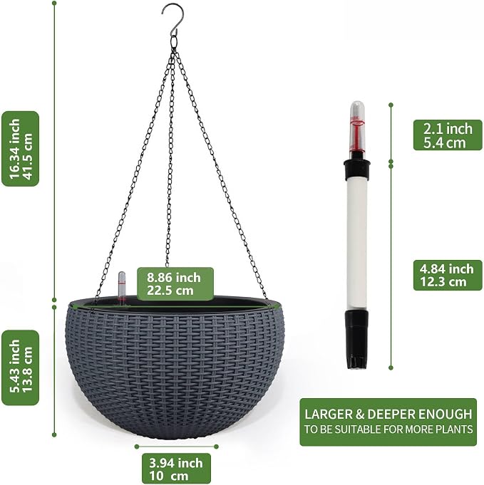 Dexceder 9 Inch Self Watering Hanging Planter (Gray) | Thickened Hanging Basket Flower Plant Pot with Water Level Indicator Indoor Outdoor