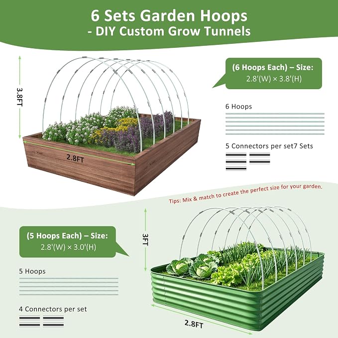 Greenhouse Hoops for Raised Beds, 36pcs Rust-Free Fiberglass | Garden Hoops Grow Tunnel Wide, 8FT Heavy Duty Plant Support Hoops with Flush Connectors & 24pcs Clips for Netting Row Cover