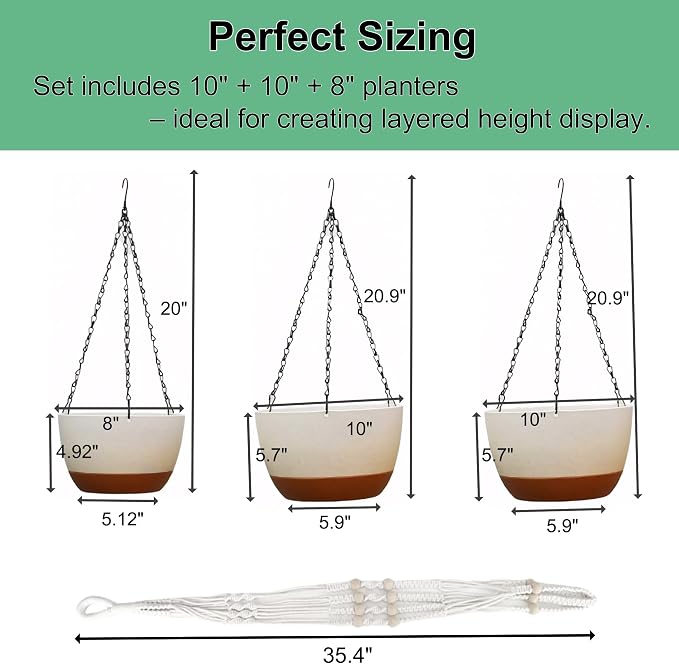 FUSHITON 3 Pack Hanging Planters for Indoor & Outdoor Plants, 10+10+8 Inch Self-Watering Pots with 2 Types of Hangers, Removable Saucer and Drainage Holes for Garden Home Decor - White