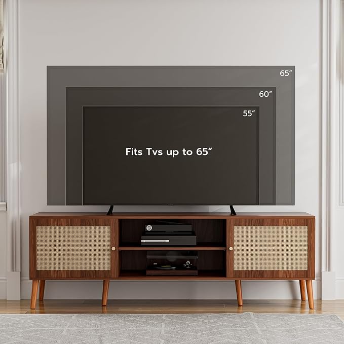 ZttRiee TV Stand with Rattan Doors for TVs up to 65", Mid-Century, Walnut | 54.7"W x 15.7"D x 18.9"H, 150 lbs capacity, 2 rattan-door cabinets & 1 shelf (4 compartments), 2 cord holes, 6 wood feet
