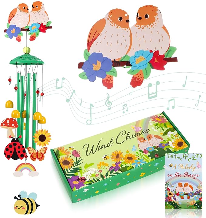 Bird Wind Chimes for Outside Colorful Metal Garden Decor with Rainbow Bee Butterfly Ladybug Sunflower Outdoor Hanging Wind Chime for Patio Porch Yard Art Gift