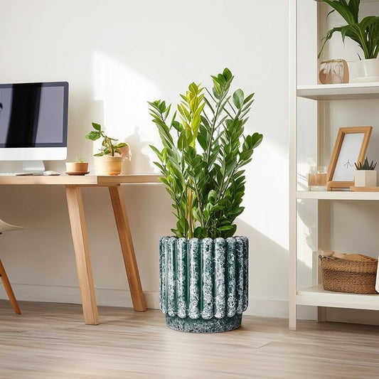 Ceramicfor 12 Inch Ceramic Indoor Planters, Green | Drainage Hole, Fluted Round Design, Indoor & Outdoor Use, Decorative Flower Pots