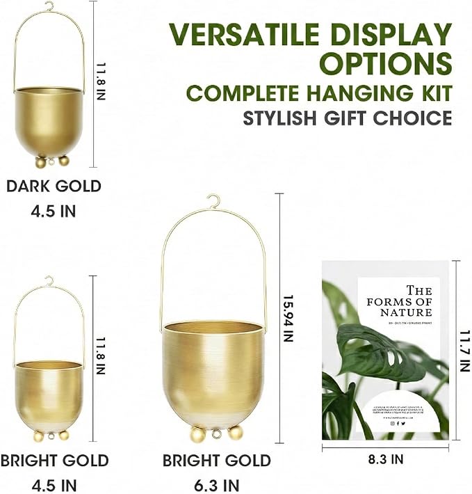 AceList Boho Hanging Planter,6.3 inch Set of 2 Gold Metal Plant Hanger with Hooks and Chains, Modern Wall & Ceiling Planters Outdoor/Indoor Hanging Planter for Window, Porch, Balcony and Home Décor