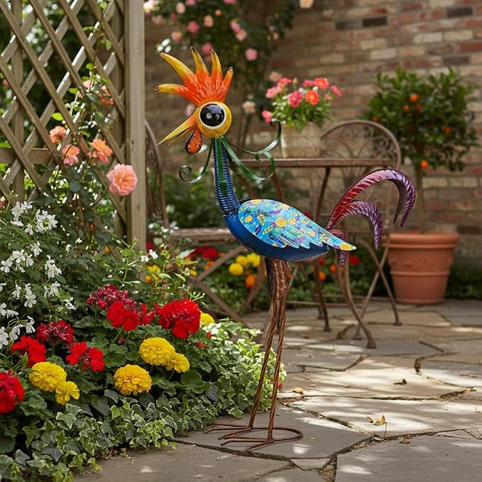 31.5'' Wacky Rooster Garden Statue for Outside, Patio, Backyard, Lawn | Metal Rooster Decor Yard Statue Decorations, Waterproof Chicken Yard Art, Royal Blue