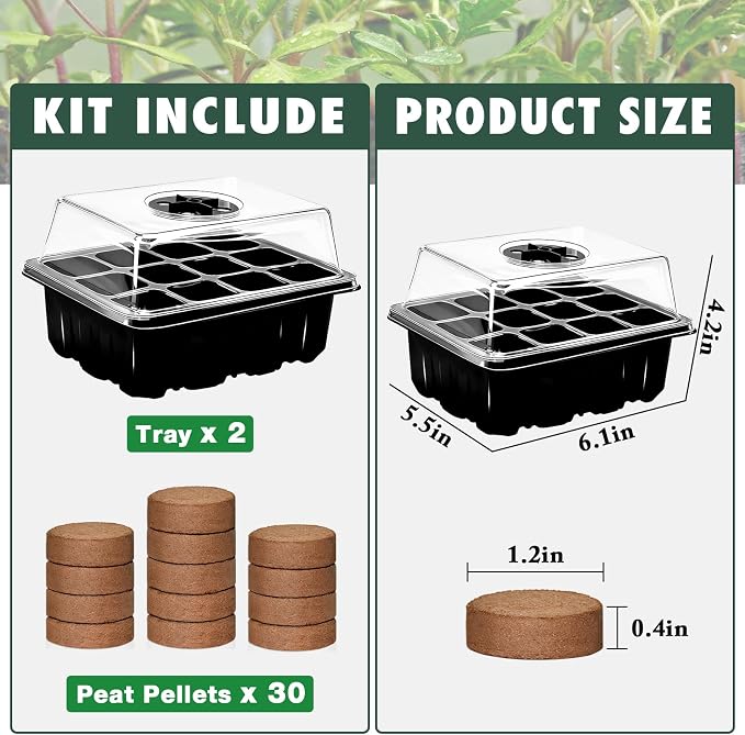 ZeeDix 2 Set Seed Starter Tray Kits with Soil, 2 Pack Seed Trays with 30 Pack Coco Coir Pellets, Adjustable Humidity Germination Tray with Dome Lids for Indoor Plants, Greenhouse for Vegetables Garden