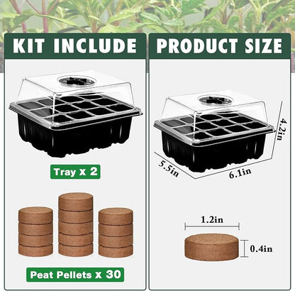 ZeeDix 2 Set Seed Starter Tray Kits with Soil, 2 Pack Seed Trays with 30 Pack Coco Coir Pellets, Adjustable Humidity Germination Tray with Dome Lids for Indoor Plants, Greenhouse for Vegetables Garden