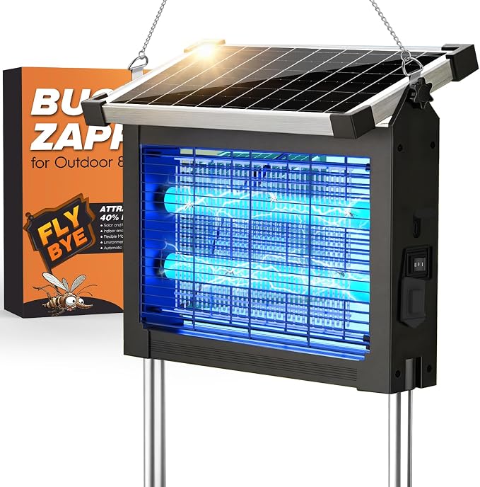 Solar Bug Zapper Outdoor, 4500V Waterproof Mosquito Zapper with 10W Solar Panel, Cordless Rechargeable Electric Fly Zapper, Mosquito Killer Lamp with Auto Sensor for Patio, Backyard, Garden, Camping