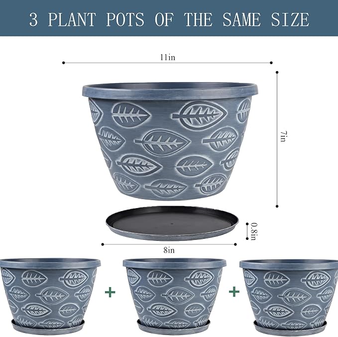 Nooulap Outdoor Flower Pots for Plants Set of 3 Pack 11 Inch Planter Pot, Large Plastic Plant Pots Indoor Plants with Drainage Holes & Trays, Modern Decorative Garden Containers Sets for House(Blue)