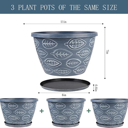 Nooulap Outdoor Flower Pots for Plants Set of 3 Pack 11 Inch Planter Pot, Large Plastic Plant Pots Indoor Plants with Drainage Holes & Trays, Modern Decorative Garden Containers Sets for House(Blue)
