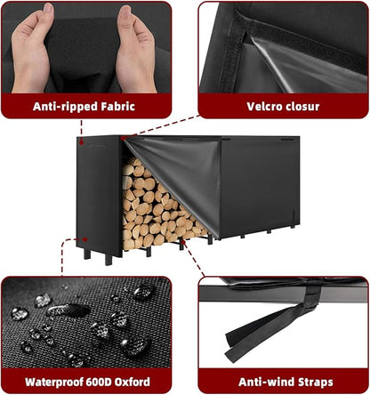 DNKMOR 8FT Firewood Rack with Waterproof Cover,Heavy Duty Firewood Storage Log Holder for Outdoor&Indoor,Fireplace Wood Rack with 600D Oxford Fabric