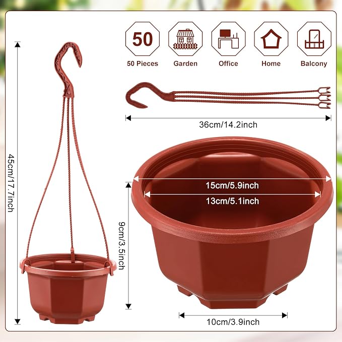 Roshtia 50 Pcs 5.9 inch Plastic Hanging Plant Pots with Hooks Flower Pots Baskets Outdoor Hanging Nursery Planter Holder for Home Garden Balcony Porch(Brown, 5.9 inch)