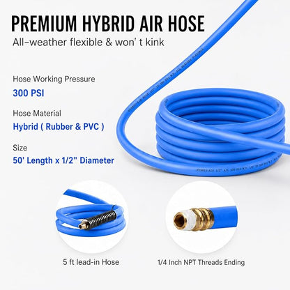 Aain AG40 Retractable Air Hose Reel, 1/2" Inch x 50' Ft Wall Mount Auto Rewind Hose-Reel, Heavy Duty Steel Air Hose Reel, Industrial Grade Rubber Hose, Blue