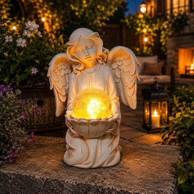 Angel Statue Outdoor Decor, Angel Garden Statues Holding Lotus Flower with Crackle Glass Globe Solar LED Lights Yard Decorations Lawn Ornaments Figurines for Outside or Gardening Gifts