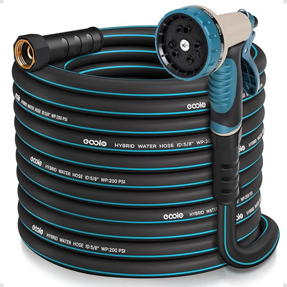 Garden Hose 75 ft x 5/8" with Nozzle, Water Hose Heavy Duty Flexible, Lightweight Kink-less Hybrid Hose with Swivel Handle, Male to Female Fittings
