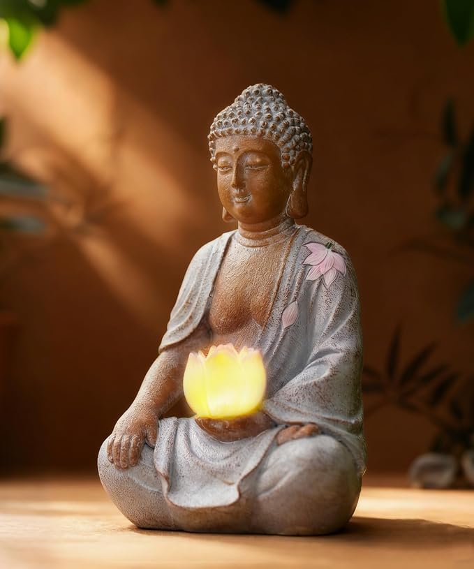 Nacome Solar Buddha Garden Statue Decor: Sitting Resin Figurine with Lotus Flower Light Zen Sculpture for Patio Lawn Yard Porch Balcony Meditation Space - 8.3 inches(White)
