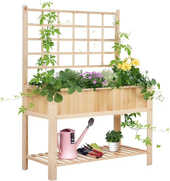 Outsunny 47" Wooden Raised Garden Bed with Trellis, Coutryside Style Elevated Planter Box Stand with Open Storage Shelf, Spacious Planting Area for Vegetables, Herbs, Flowers