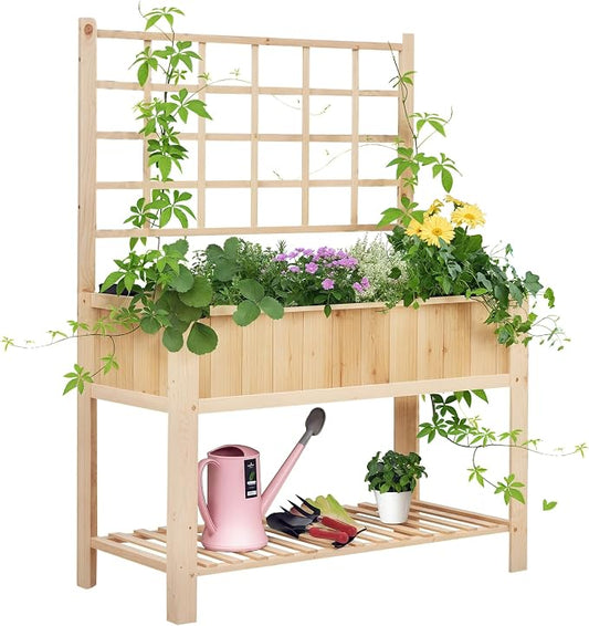 Outsunny 47" Wooden Raised Garden Bed with Trellis, Coutryside Style Elevated Planter Box Stand with Open Storage Shelf, Spacious Planting Area for Vegetables, Herbs, Flowers