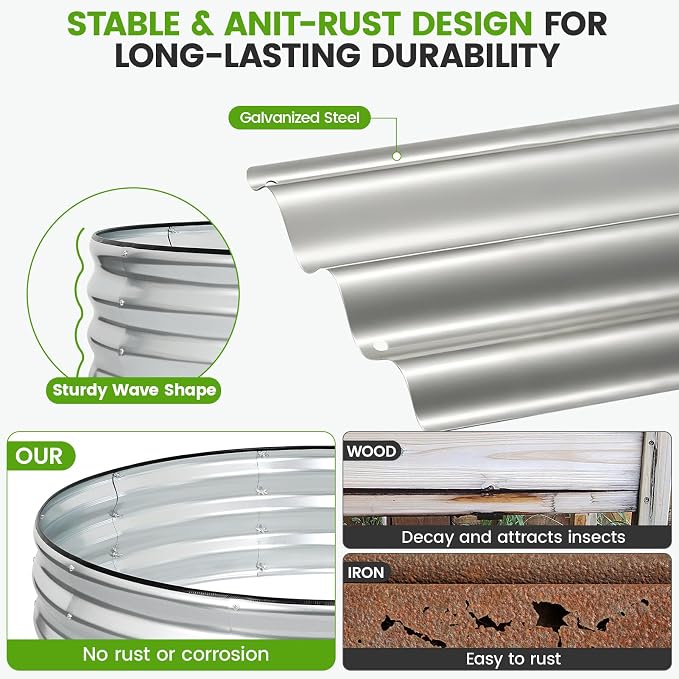 Galvanized Raised Garden Bed Outdoor | 4x4x1ft Metal Raised Beds for Gardening with Safety Rubber Strip | Round Planter Box for Plants Like Vegetables Fruits Flowers, Silver