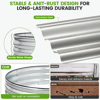 Galvanized Raised Garden Bed Outdoor | 4x4x1ft Metal Raised Beds for Gardening with Safety Rubber Strip | Round Planter Box for Plants Like Vegetables Fruits Flowers, Silver