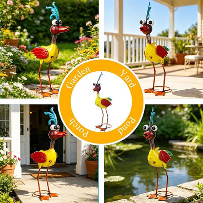 Metal Wacky Rooster Garden Statue for Patio, Backyard, Lawn | 20'' Rooster Decor, Waterproof Yard Statue Decorations Outdoor, Chicken Yard Art, Gold