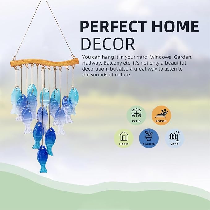 Wind Chimes Blue Glass Sea, Garden Wind Chime for Home, Beach Party, Festival Decor, Glass Garden Patio Yard Porch Decoration Indoor/Outside, Lifelike Fish Style