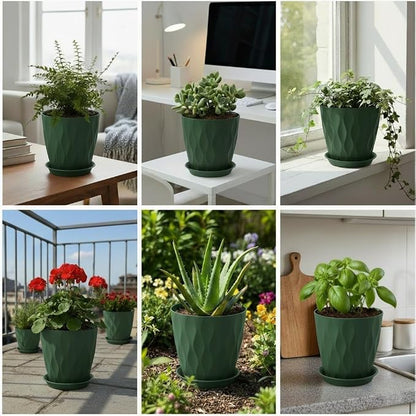 8 Inch Plastic Plant Pots for Plants with Drainage Holes and Saucer, 6 Pack | Planter for Indoor/Outdoor Plants, Modern Decorative Flower Pots for Home, Garden