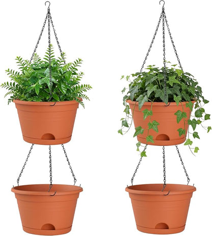Nooulap 4 Pack Hanging Planters, 10 Inch Hanging Plant Pot, Red | Indoor Outdoor Hanging, with 40cm Chain, Rotatable Removable Tray, Bottom Drainage Available, Two Ways Watering
