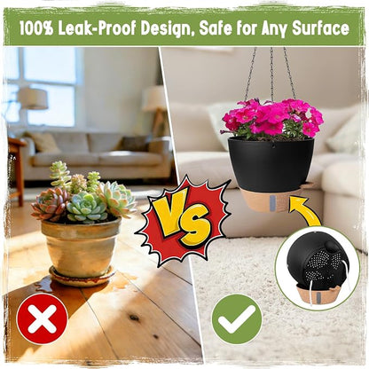 Self-Watering Hanging Planters with Water Level Window, 8/10 Inch Indoor Outdoor Hanging Plant Pots Includes Chain Hangers with Drainage Holes & Detachable Reservoir (Black, 8+10 inch)